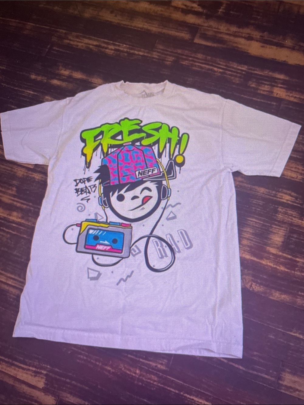 Neff White Tee with Neon Green "Fresh" Graphic and Colorful Cassette Art